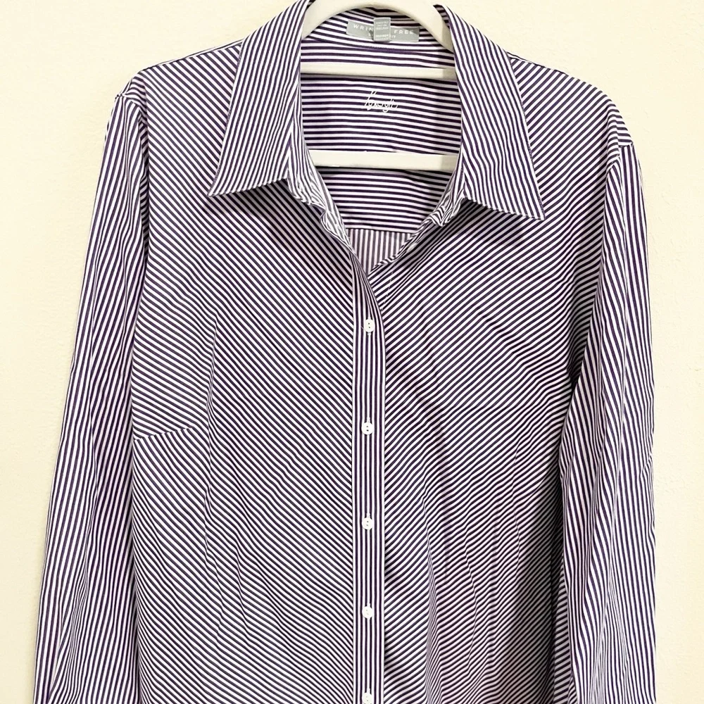 Foxcroft Purple and White Striped Button Down Shirt - Picture 2 of 7